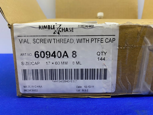 KIMBLE CHASE 60940A 8 60940A8 8ML VIAL W/ PTFE CAP - 1 PACKAGE 144 VIALS