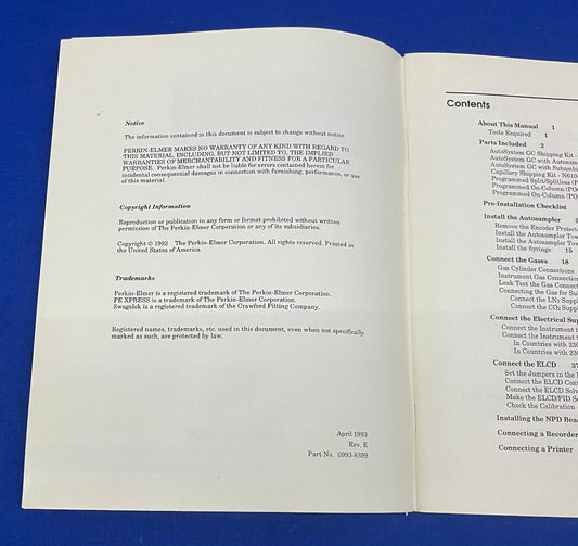 PERKIN ELMER 0993-8399 GAS CHROMATOGRAPHY AUTOSYSTEM GC INSTALLATION MANUAL