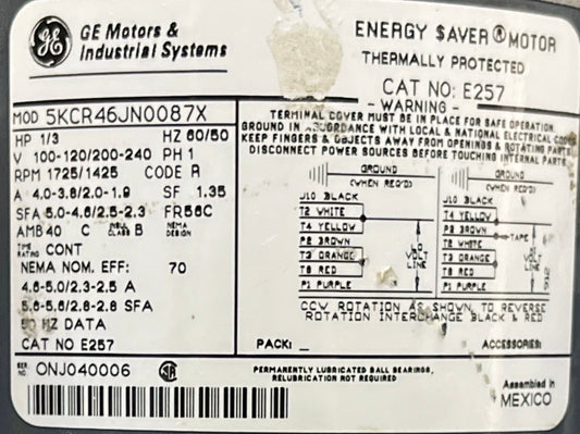 GE GENERAL ELECTRIC E257 5KCR46JN0087X ENERGY SAVER ® MOTOR 1/3HP RPM-1725/1425