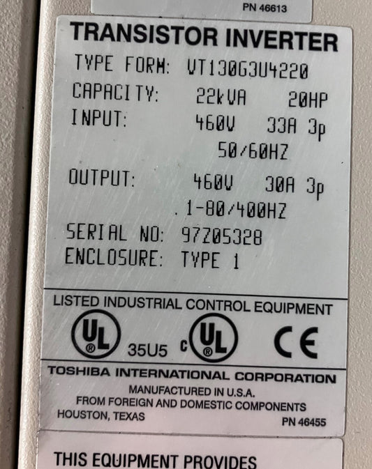 TOSHIBA Frequency Drive 3 phase VT130G3U4220 TOSVERT-130 G3 TRANSISTOR INVERTER
