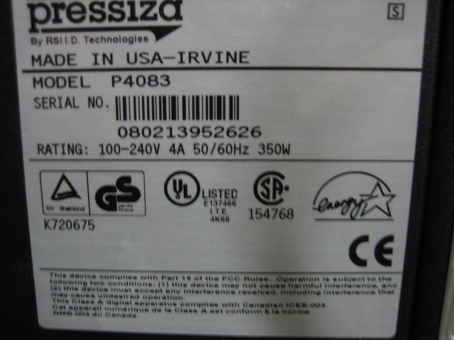 PRESSIZA P4083 THERMAL LABEL MAKER TESTED TO POWER ON OK
