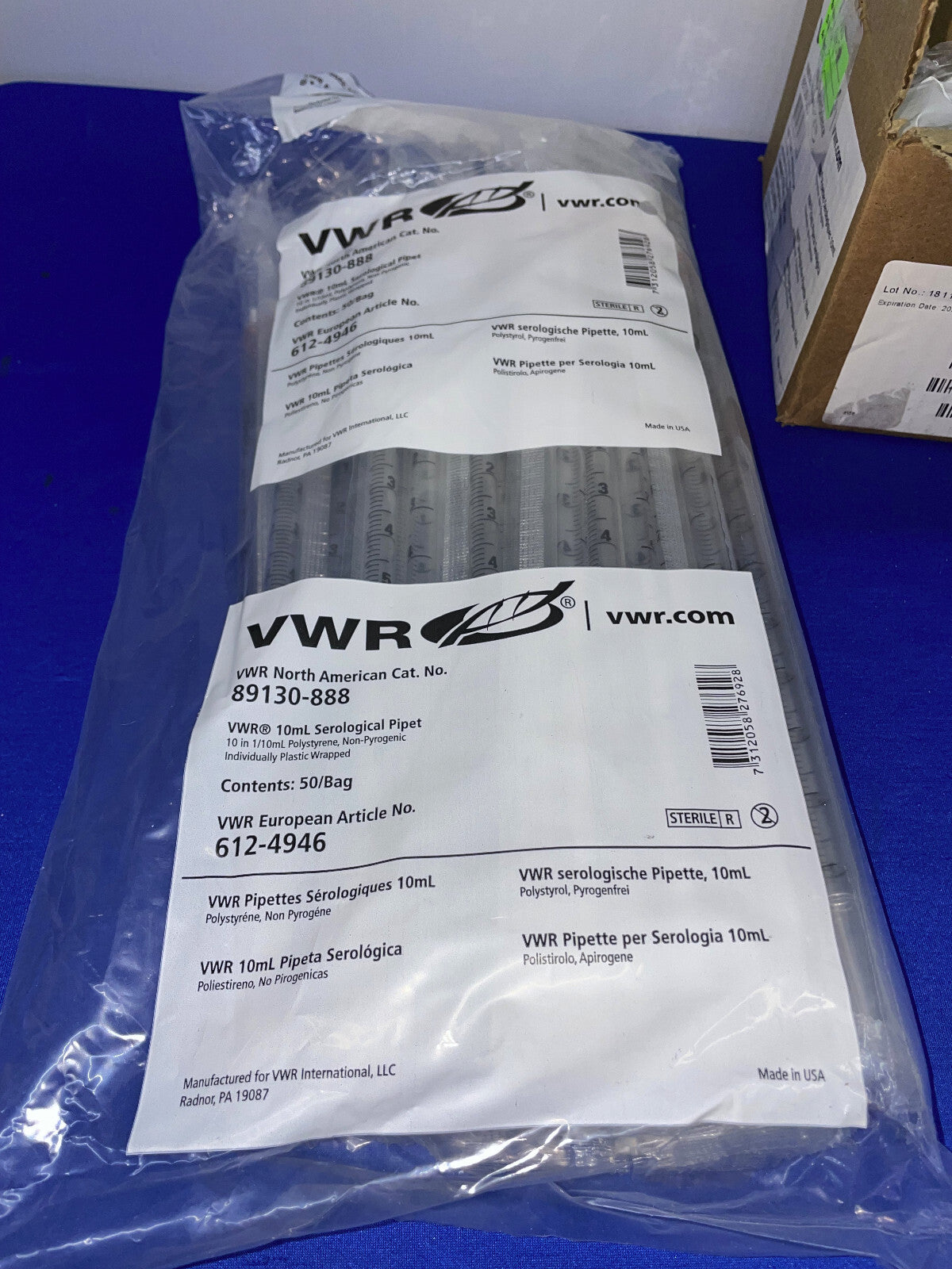 VWR 89130-888 10mL SEROLOGICAL PIPET - 1 BOX/QTY 2 BAGS/QTY 50 PIPETS EACH