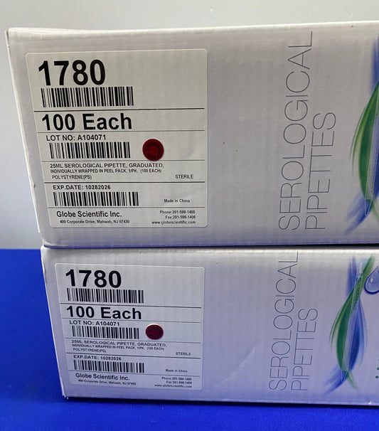 GLOBAL SCIENTIFIC 1780 25ml SEROLOGICAL PIPETTE - 2 PACKAGES OF 100 PIPETTES EA
