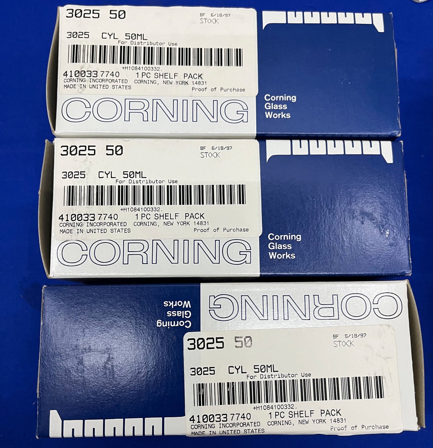 PYREX ® CORNING GLASS 3025-50 DOUBLE METRIC SCALE CYLINDER 50mL - 1 LOT QTY 6