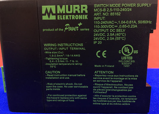 MURR MCS-B 2,5-110-240/24 ART. NO: 85162 SWITCH MODE POWER SUPPLY 58116
