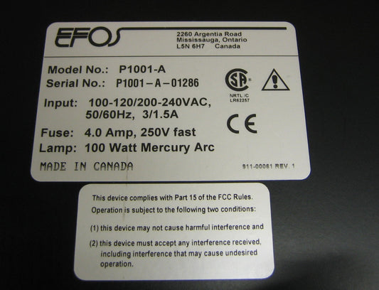 EFOS ULTRACURE 100SS PLUS P1011-A NO LAMP POWERS ON UNTESTED - PART OR REPAIR