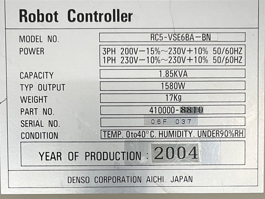 DENSO ROBOT CONTROLLER RC5-VSE6BA-BN / 410000-8810 NO POWER SUPPLY PARTS/REPAIR