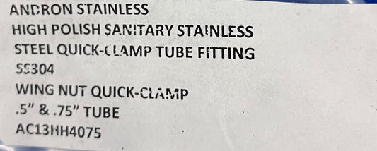 ANDRON STAINLESS WING NUT QUICK CLAMP .5'' &.75'' TUBE AC13HH4075 LOT OF 3