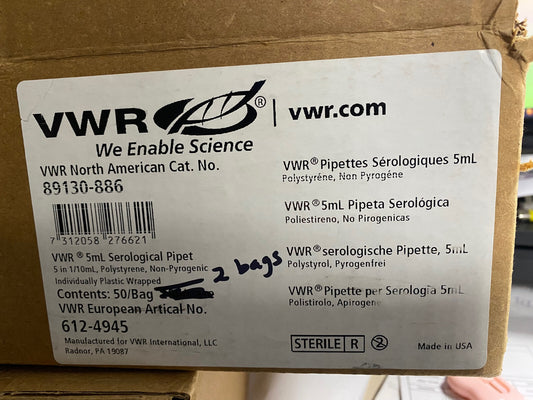 VWR 89130-886 5mL SEROLOGICAL PIPET - 1 BOX/QTY 2 BAGS/50 PIPETS EACH