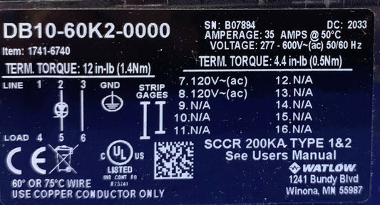 Watlow DIN-A-Mite Power Switching Device DB10-60K2-0000 Control Input/Output