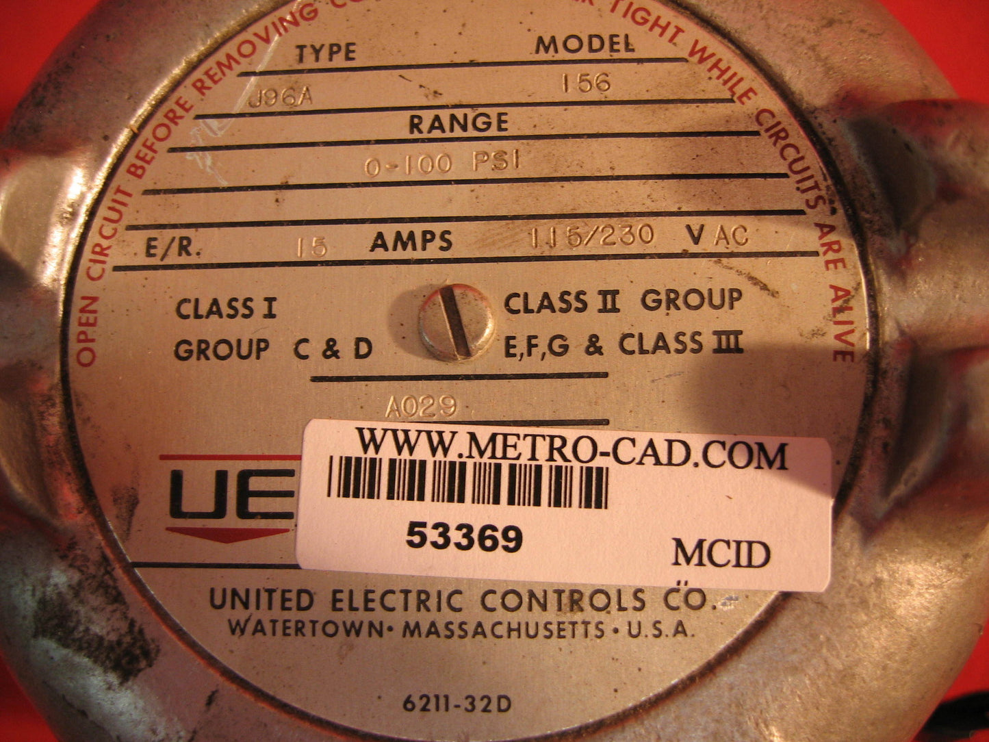 UE UNITED ELECTRIC CONTROLS J96A MODELL 156 0-100 PSI SCHALTER 15A GEFAHR Lage