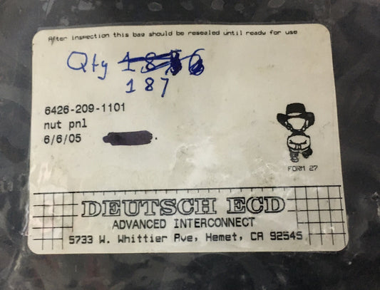 1 PKG OF 187 PCS - DEUTSCH ECD ADVANCED INTERCONNECT 6426-209-1101 NUT PNL