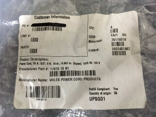QTY 4 - VOLEX POWER CORD PRODUCTS 17615 10 B1 POWER CORDS