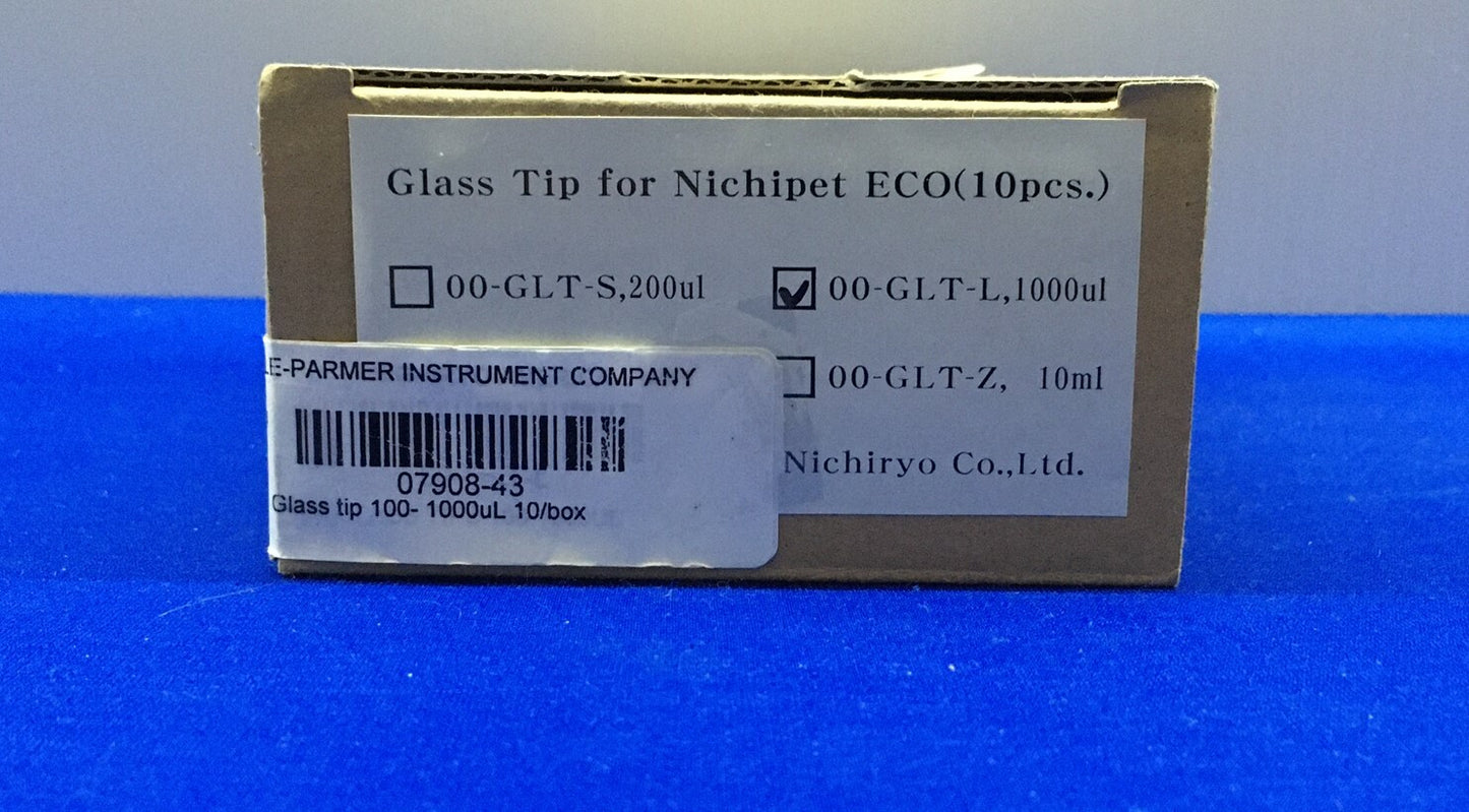 1 PKG OF 10 TIPS - COLE-PARMER / NICHIRYO 07908-43 / 00-GLT-L 1000ul GLASS TIP