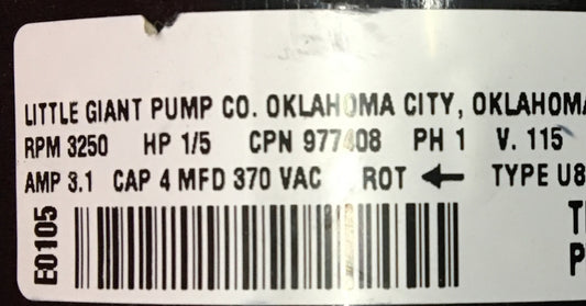 LITTLE GIANT PUMP TYPE U8581 RPM 3250 HP 1/5 V115