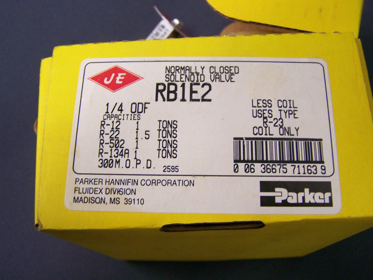 PARKER JACKES EVANS JE RB1E2 NORMALLY CLOSED SOLENOID REFRIGERATION VALVE 1/4