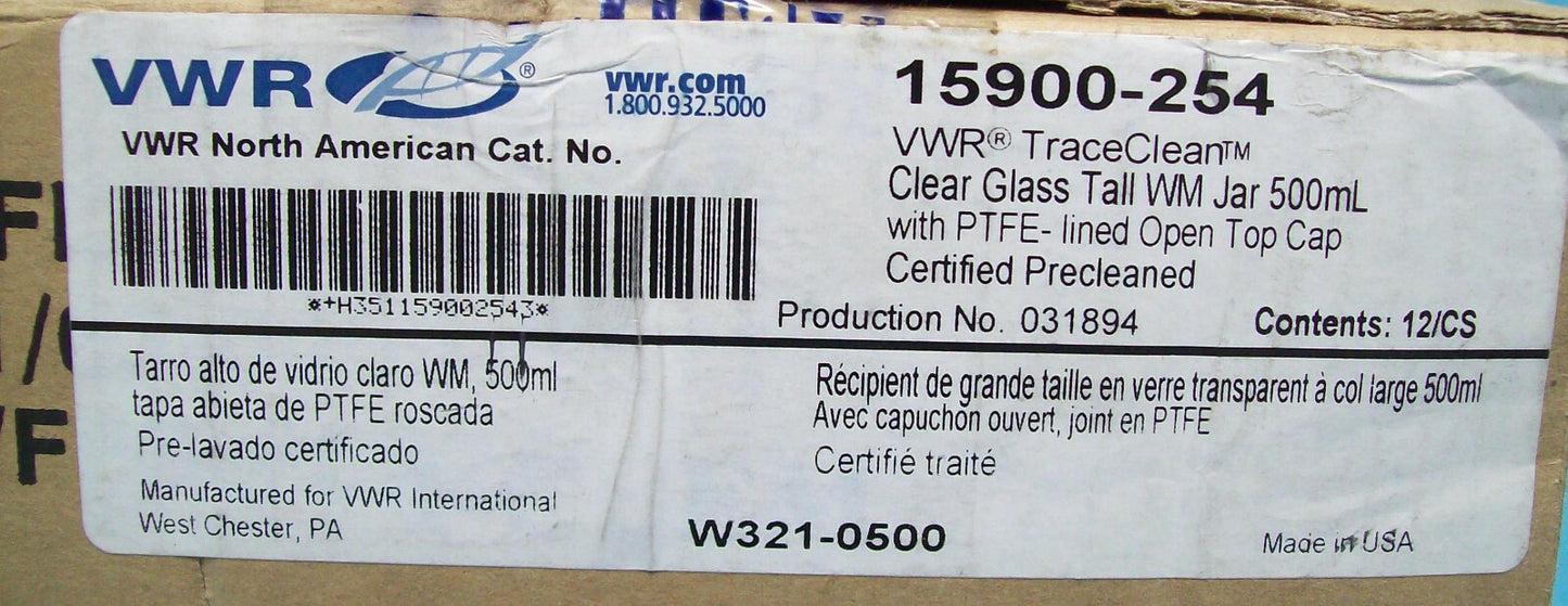 VWR CAT NO 15900-254 TRACECLEAN CLEAR GLASS TALL WM JAR 500ml