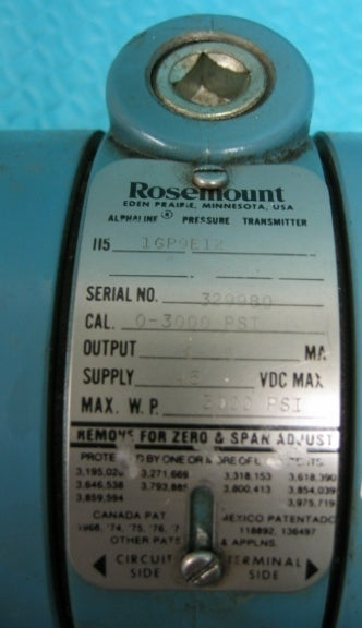 ROSEMOUNT 1GP9E12 ALPHALINE PRESSURE TRANSMITTER 0-3000 PSI OUTPUT 4-20ma