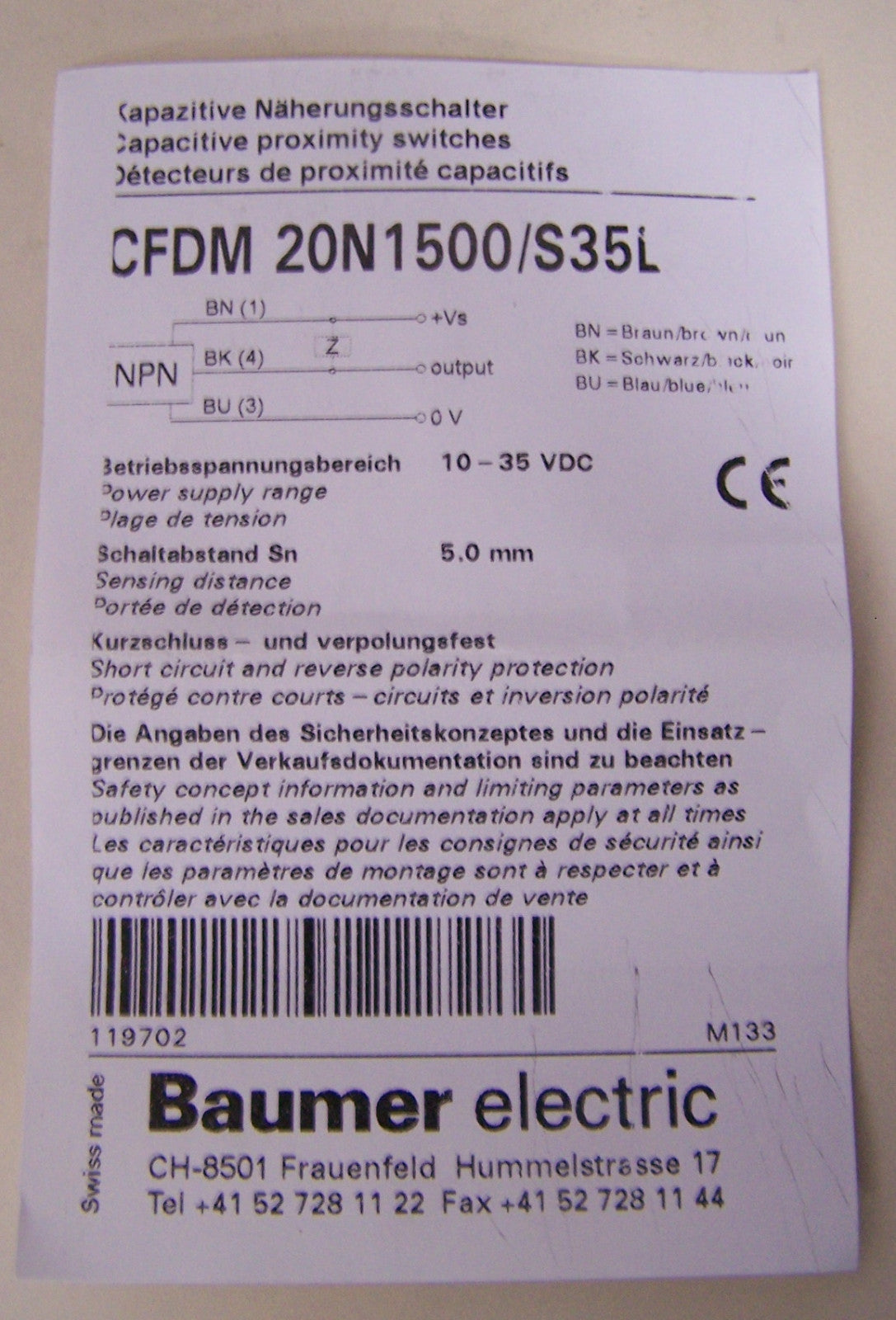 CANTIDAD 2 - SENSOR CAPACITIVO BAUMER ELECTRIC CFDM 20N1500/S35L EN PAQUETE PLANO 10119702