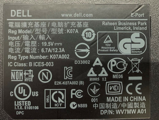 Dell Docking Station K07A K07A002 E-Port with Power Supply