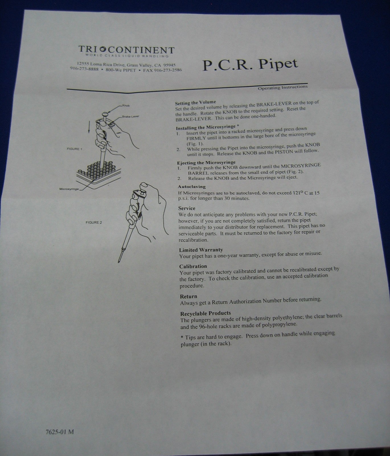 TRI CONTINENT CAT#672 PRECISION PIPETTING INSTRUMENT PIPET PCR 25uL