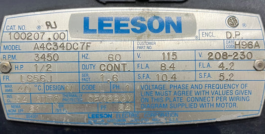 LEESON ELECTRIC A4C34DC7F 100207.00 MOTOR 1/2 HP GRINDING PLATFORM 5/8" SHAFT