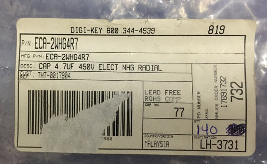 1 PKG CONTAINING 140 - PANASONIC/DIGI-KEY ECA-2WHG4R7 ELECTROLYTIC CAPACITORS
