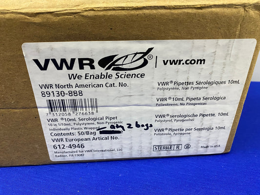 VWR 89130-888 10mL SEROLOGICAL PIPET - 1 BOX/QTY 2 BAGS/QTY 50 PIPETS EACH