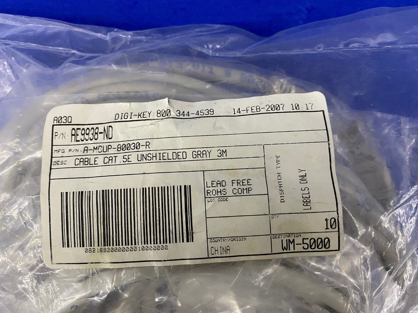 DIGI-KEY AE9938-ND A-MCUP-80030-R CABLE .5E CAT 3M - 1 PKG OF 10 CABLES