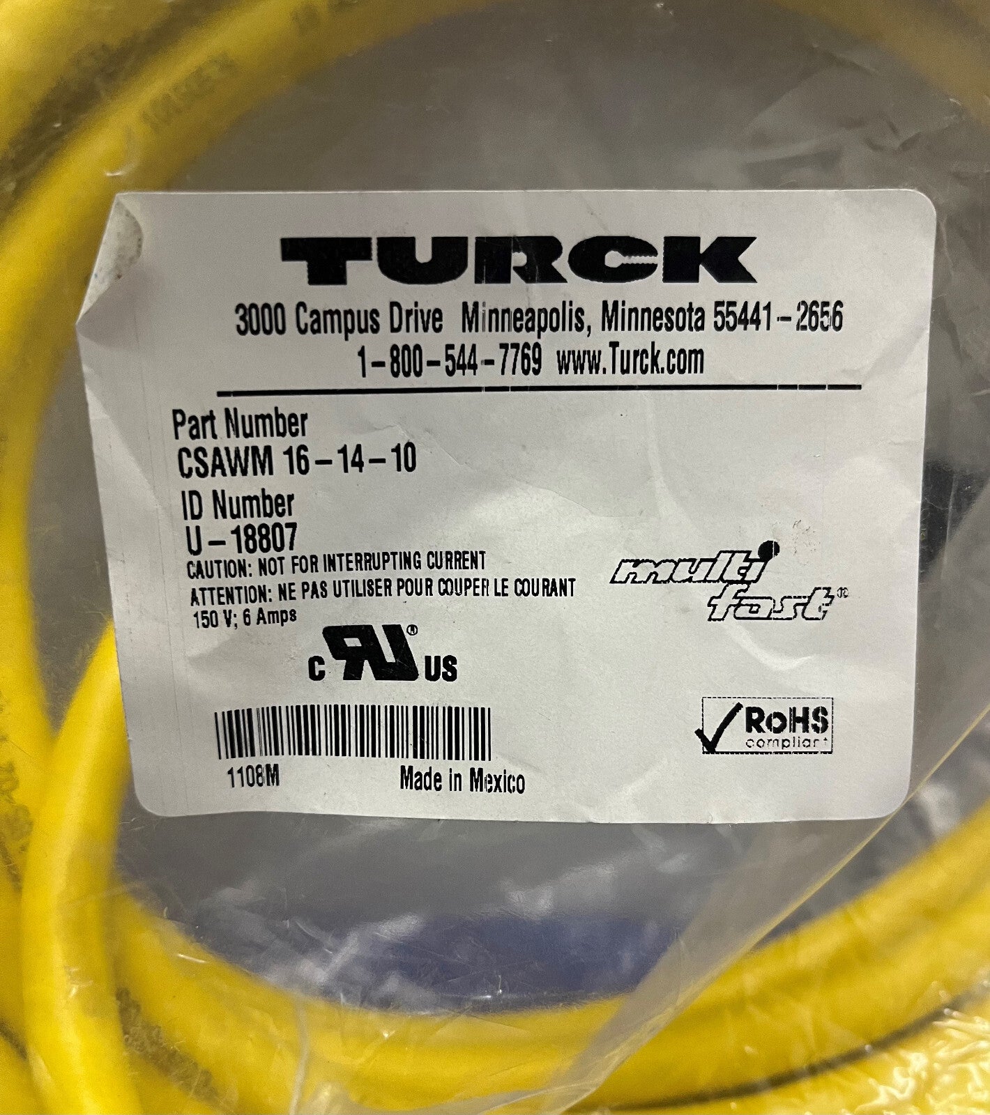 TURCK CABLE CSAWM-16-14-10 U-18807 MULTIFAST MOLDED CORDSET