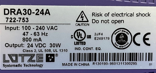 Lutze 722753 DRA30-24A Switchmode power supply, Single-Phase NEC Cl 2 compliant