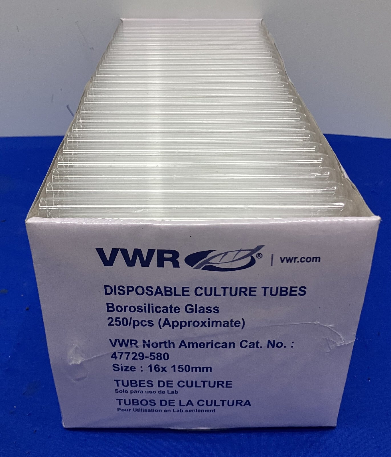 VWR 47729-580 BOROSILICATE GLASS 16x150MM CULTURE TUBES - 1 PKG OF 250 TUBES