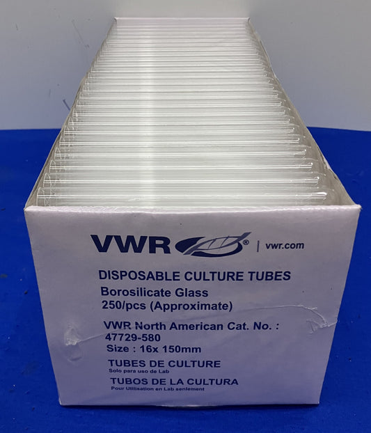 VWR 47729-580 BOROSILICATE GLASS 16x150MM CULTURE TUBES - 1 PKG OF 250 TUBES