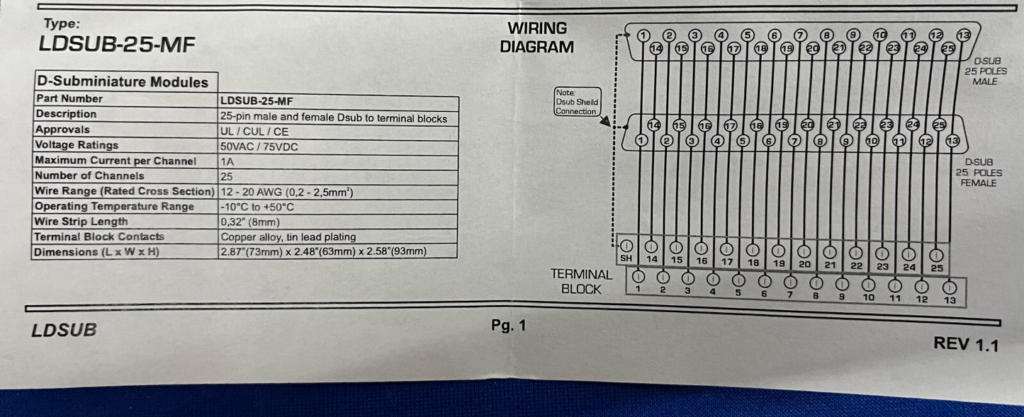 AMERICAN ELECTRICAL LDSUB-25-MF 25 PIN Dsub to TERMINAL BLOCK - 1 LOT OF QTY 2