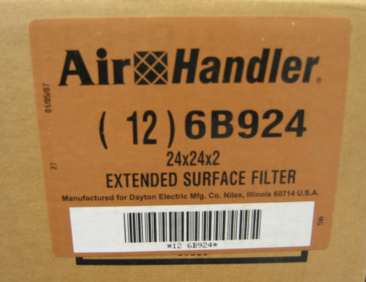 AIR HANDLER 6B924,HI CAP PLEATED FILTER 24X24X2,SELLING AS 1 LOT-QTY 12,NEW