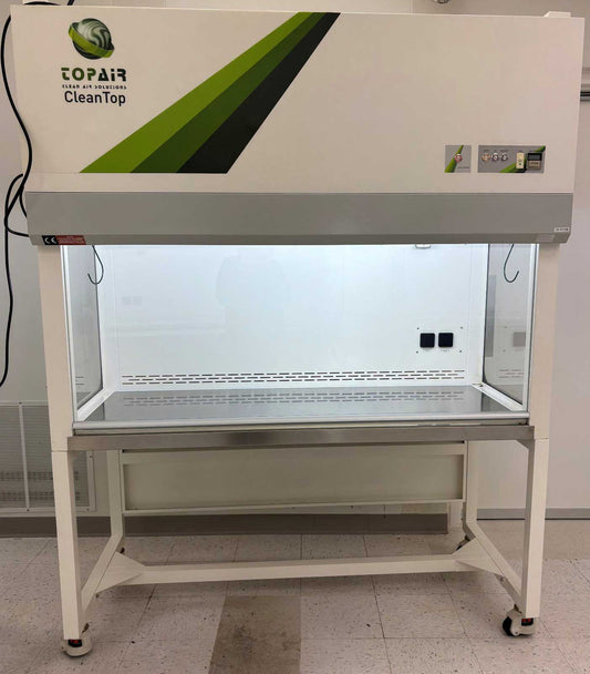 Topair CleanTop laboratory fume hood with a green and black logo on a white background.