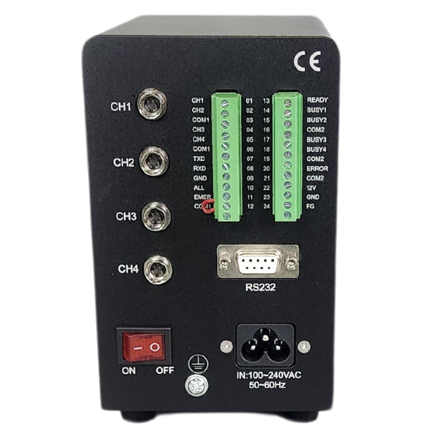 Back view of a black electronic module with connectors and labels on a white background