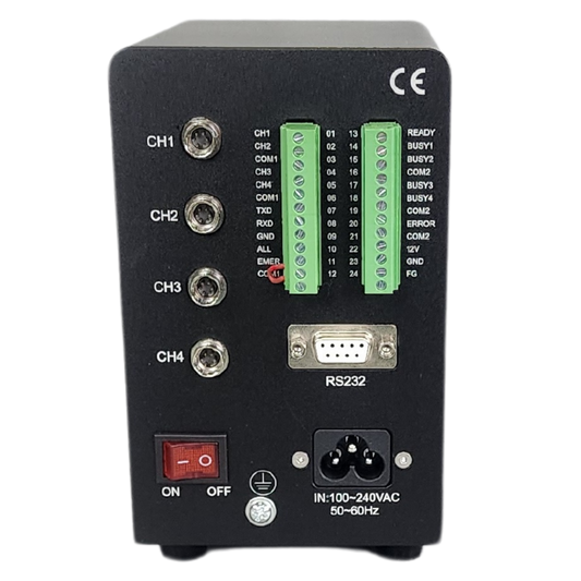 Back view of a black electronic module with connectors and labels on a white background