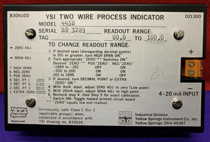 YSI YELLOW SPRINGS 4450 Two-Wire Process Indicator Panel 4450/SC/4-20 DISPLAY