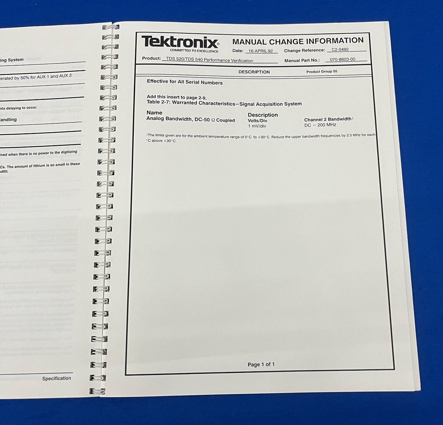 TEKTRONIX TDS 520 & 540 DIGITIZING OSCILLOSCOPES 070-8603-00 PERFORMANCE MANUAL