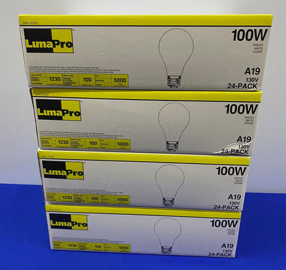 LUMAPRO A19 (5) 2CUX3 100W FROST MATE LIGHT BULB - 4 PKGS/24EA TOTAL OF 96 BULBS