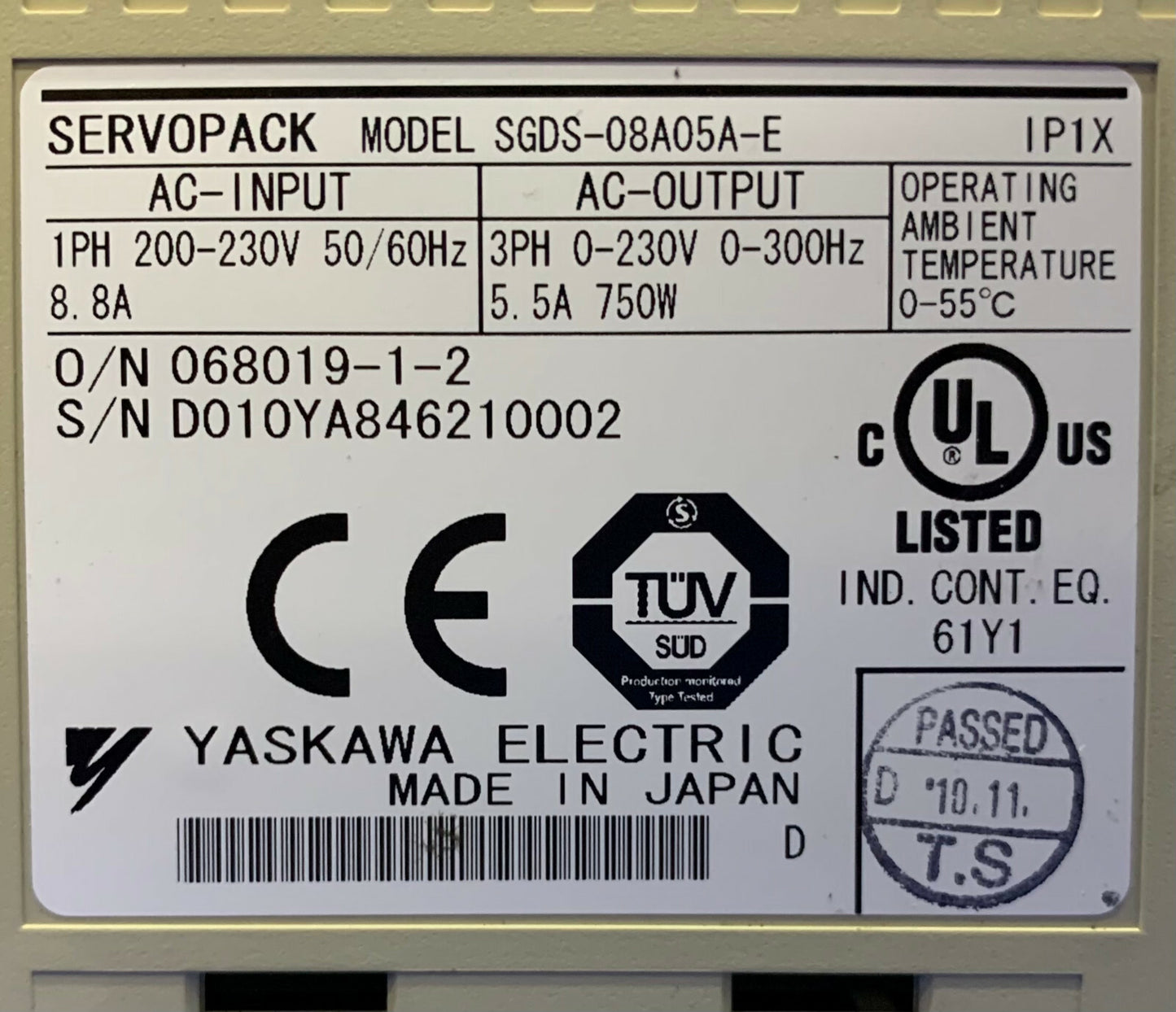 Yaskawa Servopack SGDS-08A05A-E Servo Drive