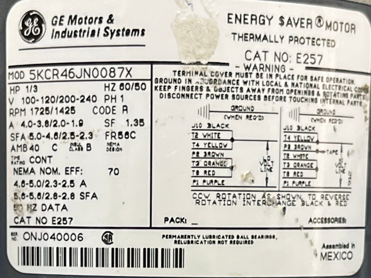 GE GENERAL ELECTRIC E257 5KCR46JN0087X ENERGY SAVER ® MOTOR 1/3HP RPM-1725/1425