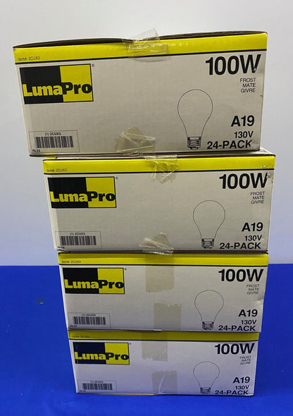 LUMAPRO A19 (5) 2CUX3 100W FROST MATE LIGHT BULB - 4 PKGS/24EA TOTAL OF 96 BULBS