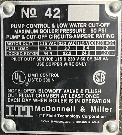 CALDAIA UMIDIFICATRICE MCDONNELL &amp; MILLER 42S RICAMBI PER INTERRUZIONE MANCANZA ACQUA E CONTROLLO POMPA 