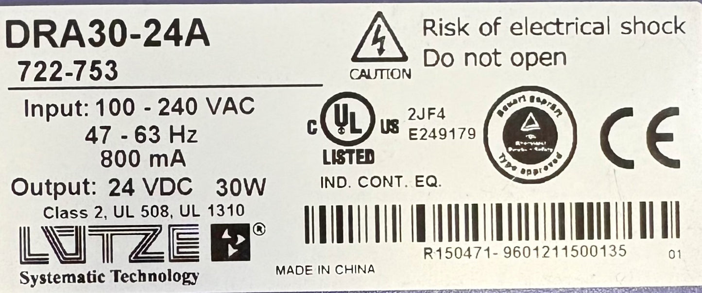 LUTZE / Luetze POWER SUPPLY DRA30-24A / 722-753 24VDC 30W - 1 LOT QTY OF 2
