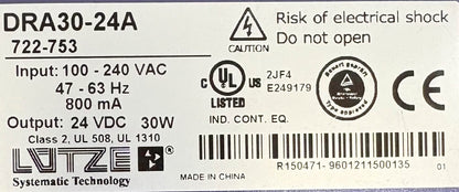 LUTZE / Luetze POWER SUPPLY DRA30-24A / 722-753 24VDC 30W - 1 LOT QTY OF 2