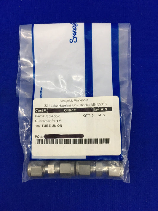 1 PKG QTY 0F 3 SWAGELOK SS-400-6 / SS4006 1/4" TUBE FITTING UNION