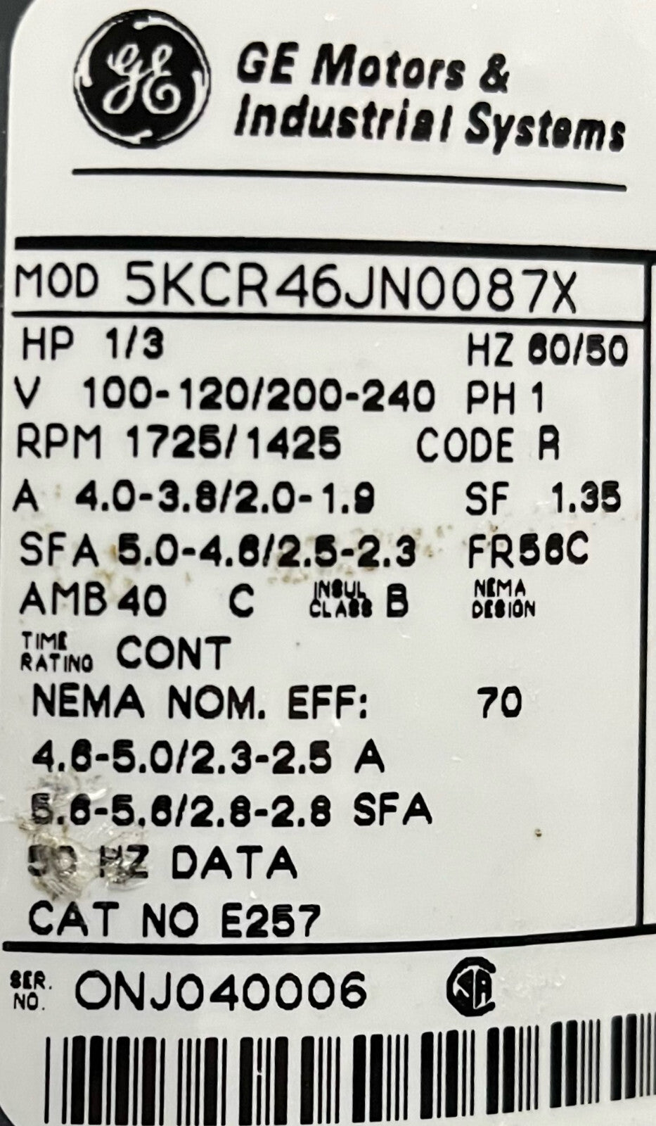 GE GENERAL ELECTRIC E257 5KCR46JN0087X ENERGY SAVER ® MOTOR 1/3HP RPM-1725/1425