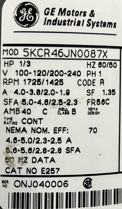 GE GENERAL ELECTRIC E257 5KCR46JN0087X ENERGY SAVER ® MOTOR 1/3HP RPM-1725/1425